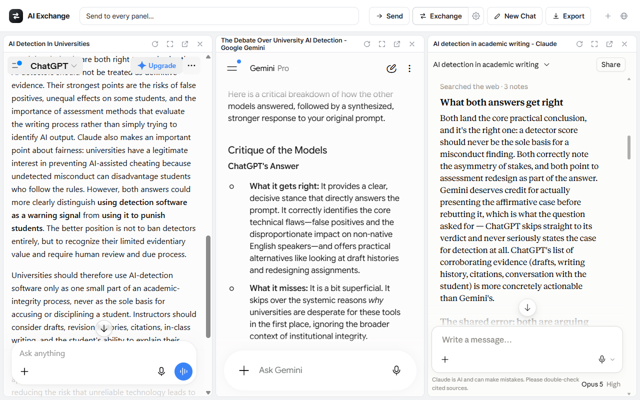 After an exchange: Gemini writing a critique of ChatGPT's answer, Claude writing about what both other answers get right, and ChatGPT weighing Claude's position against its own.