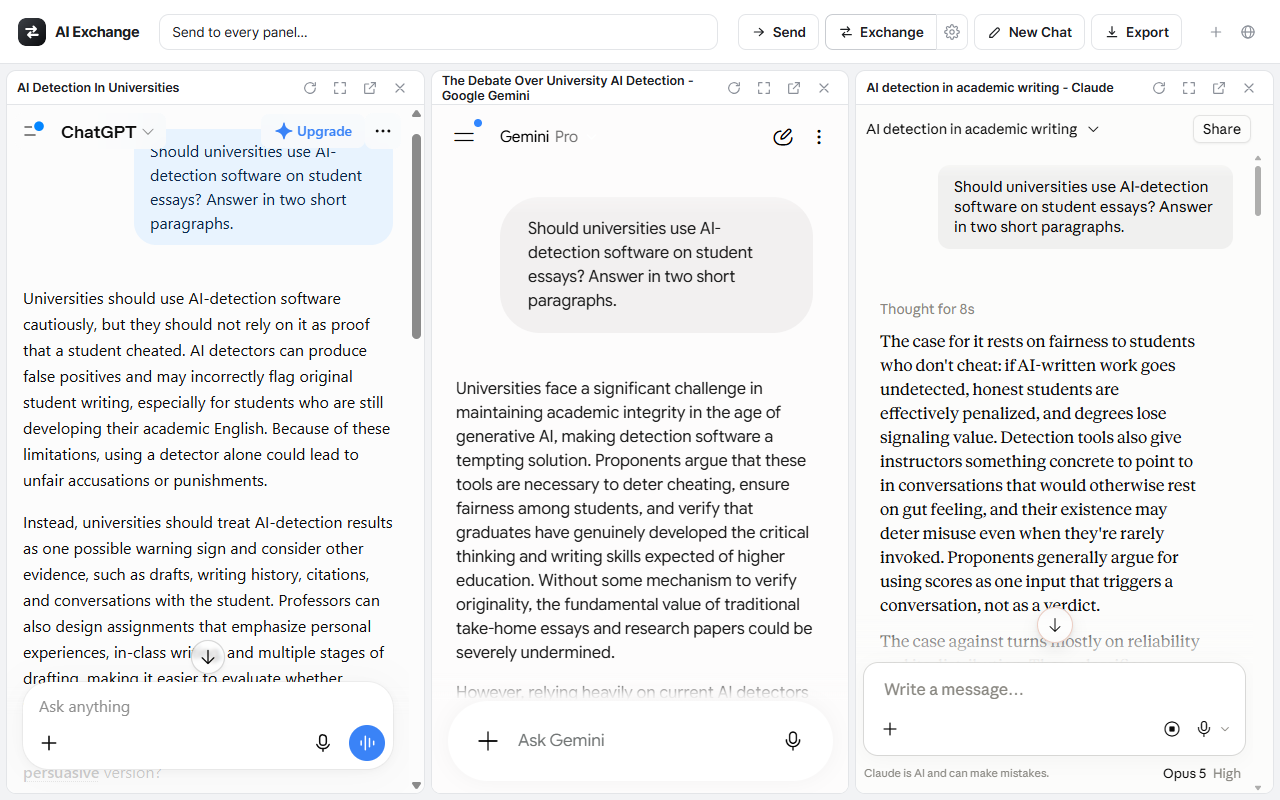 Three panels side by side in one browser tab: ChatGPT, Google Gemini and Claude, each answering the same question about AI-detection software.