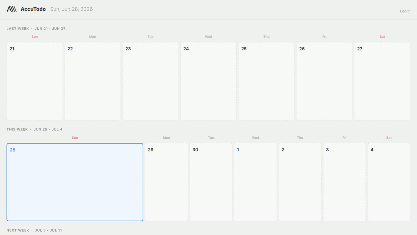 AccuTodo — a week-at-a-glance to-do planner showing last, this, and next week.