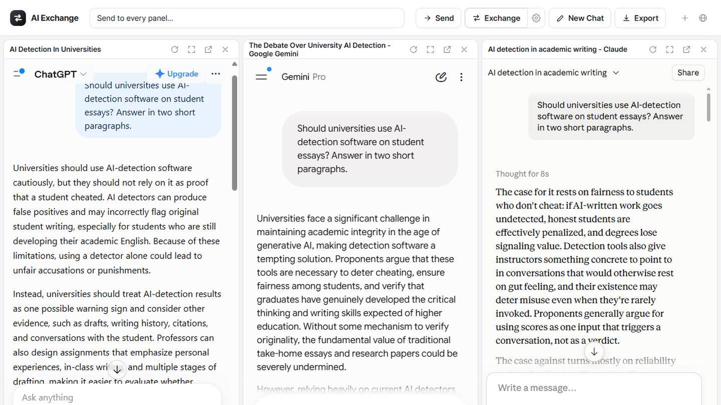AI Exchange — ChatGPT, Google Gemini and Claude open side by side as panels in one browser tab, each answering the same question.