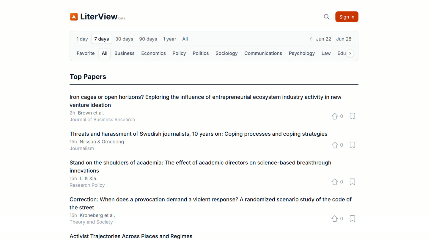LiterView — a feed of newly published social and behavioral science papers.