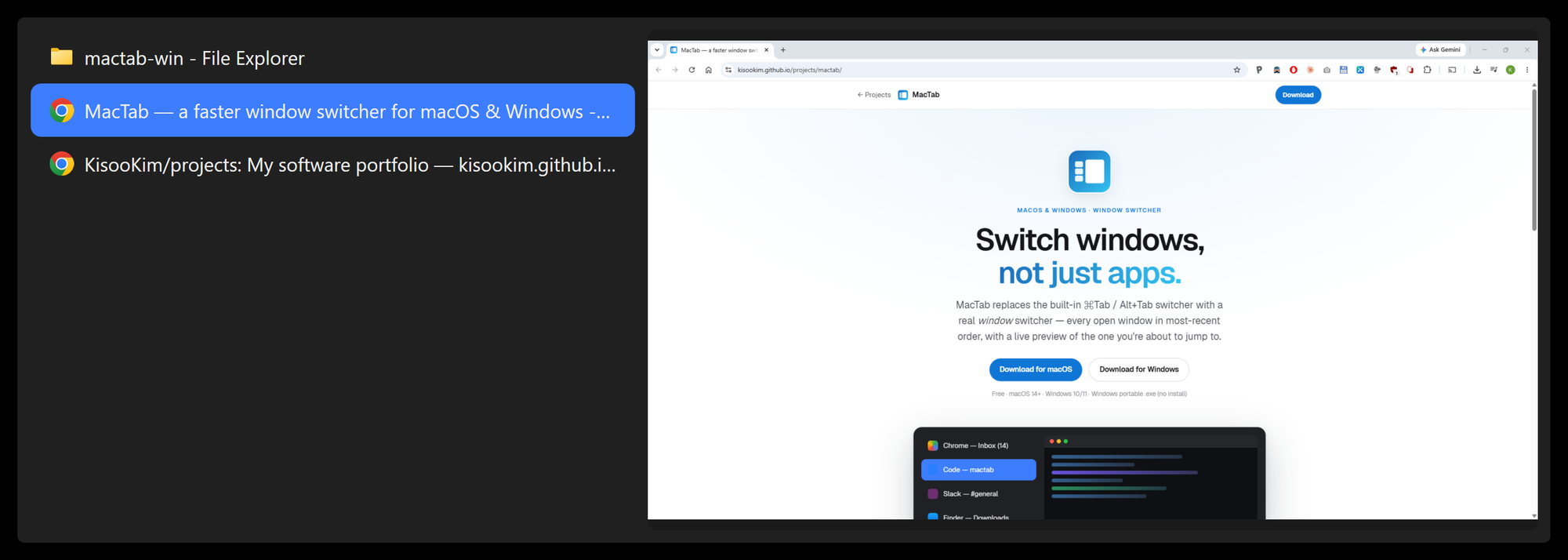 The MacTab switcher on Windows: a dark panel with a list of open windows on the left — File Explorer, a Chrome window showing the MacTab homepage (selected), and another Chrome window — and a large live preview of the selected window on the right.