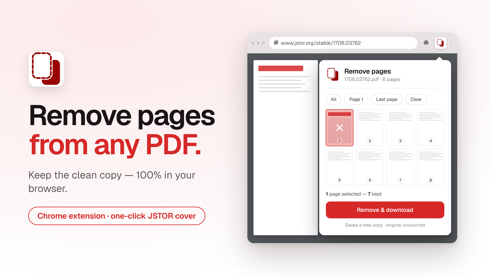 PDF Page Remover — a browser popup showing a grid of PDF page thumbnails to pick which pages to remove.